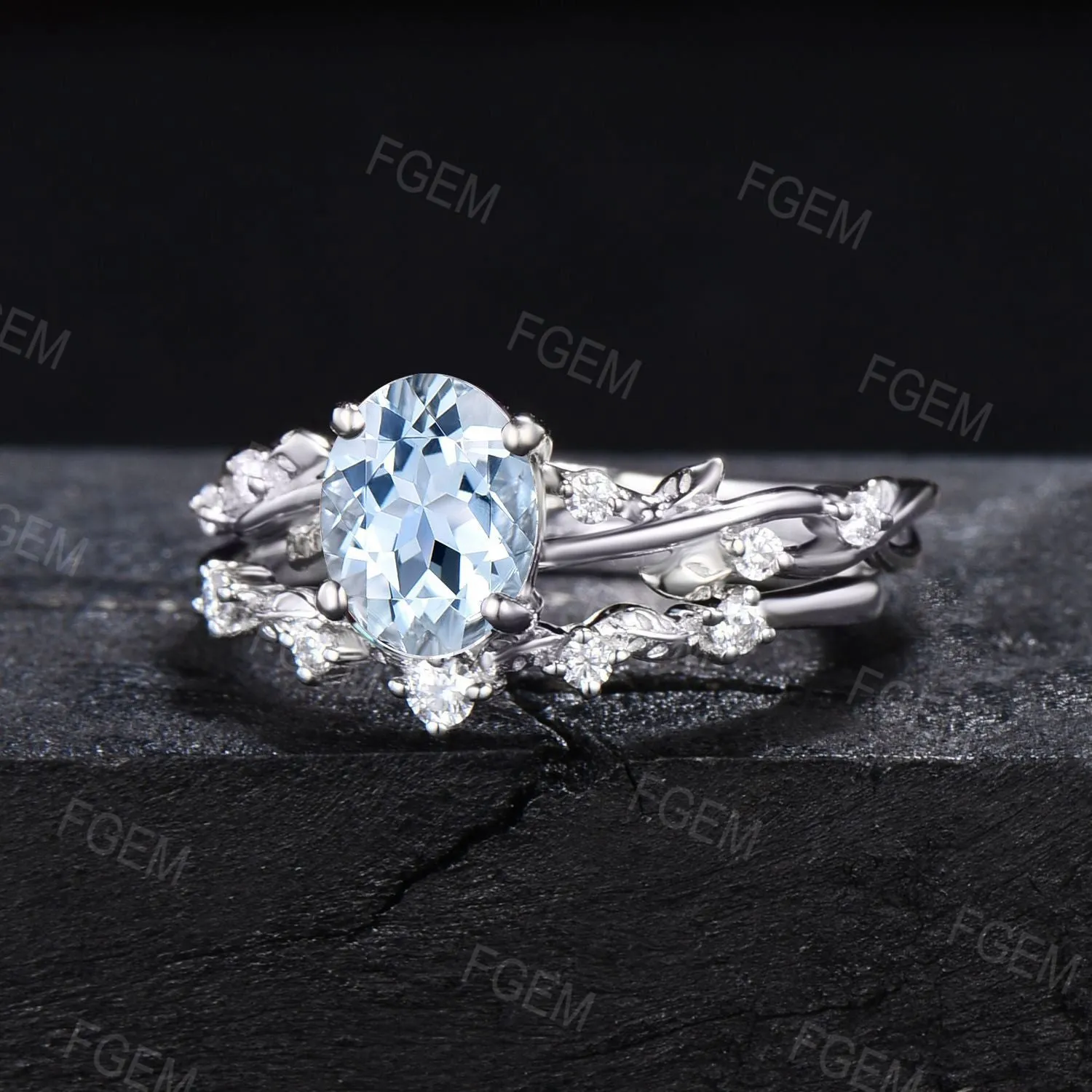 Nature Inspired Oval Aquamarine Engagement Ring Set White Gold Twig Leaf Vine Moissanite Bridal Set March Birthstone Ring Anniversary Gift