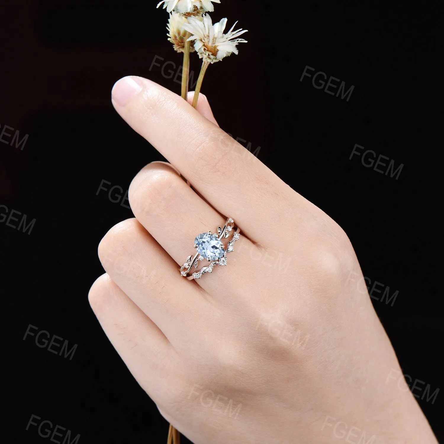 Nature Inspired Oval Aquamarine Engagement Ring Set White Gold Twig Leaf Vine Moissanite Bridal Set March Birthstone Ring Anniversary Gift