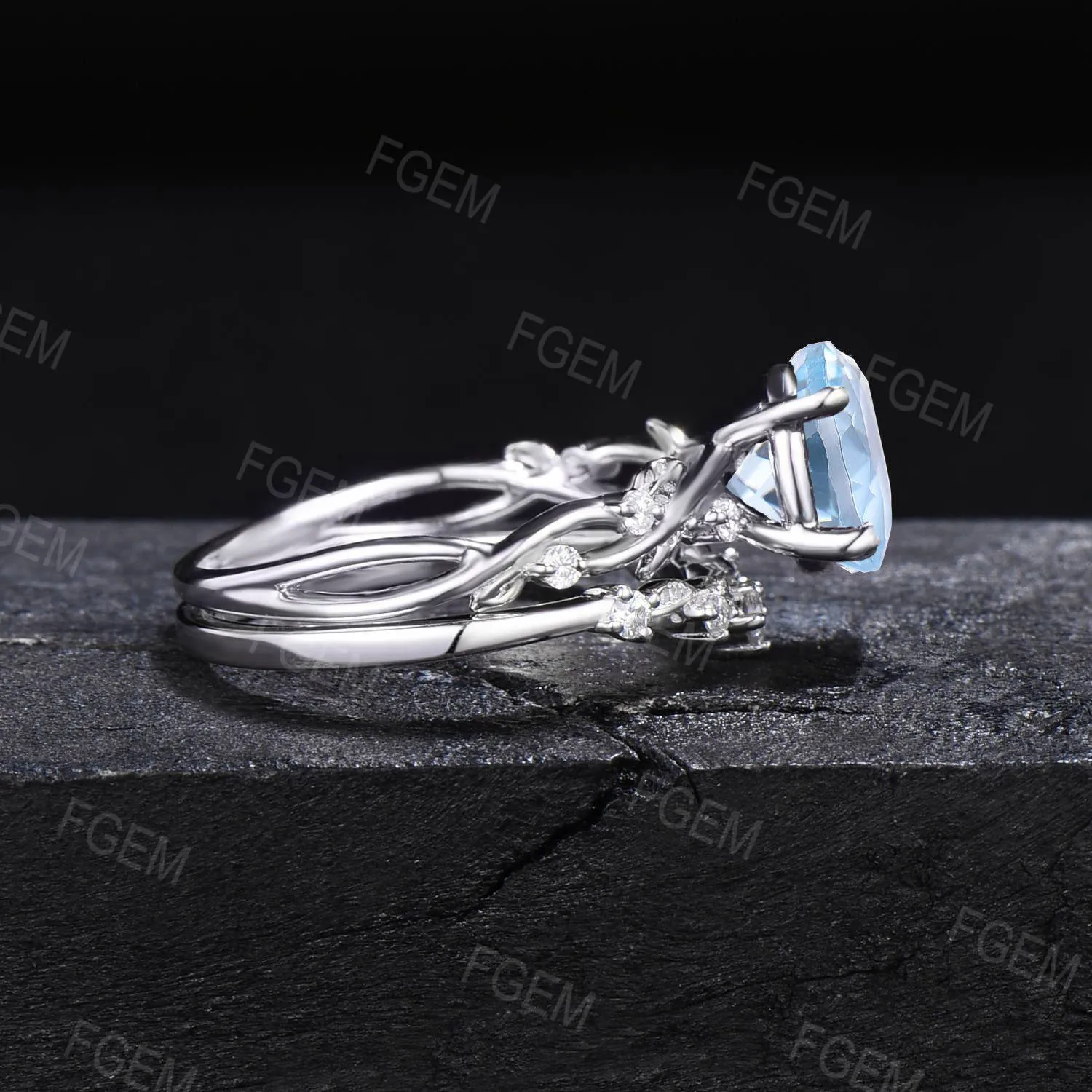 Nature Inspired Oval Aquamarine Engagement Ring Set White Gold Twig Leaf Vine Moissanite Bridal Set March Birthstone Ring Anniversary Gift