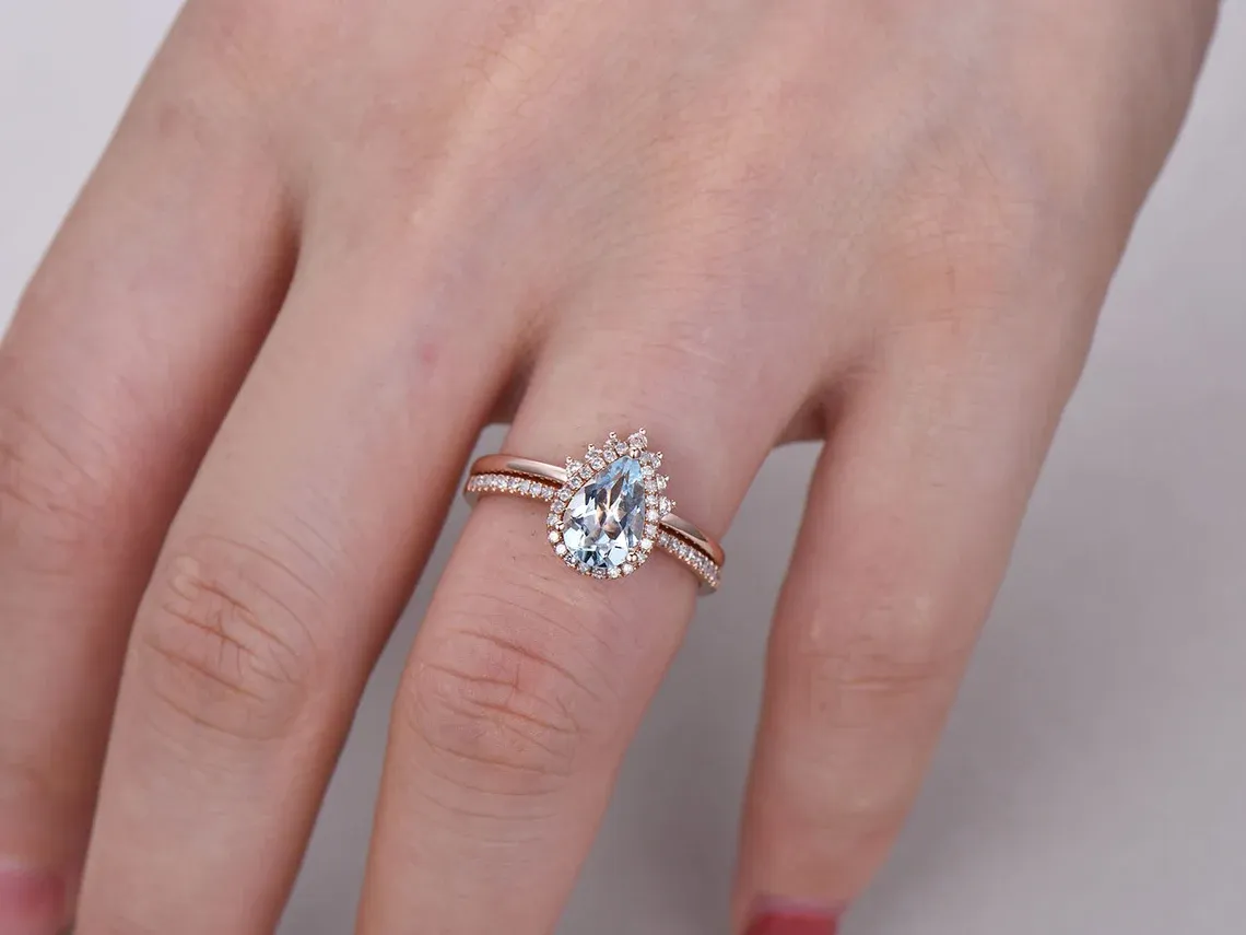 Pear Halo Aquamarine & Diamond Engagement Ring Set 14K Rose Gold 0.33ct Diamond  Frame