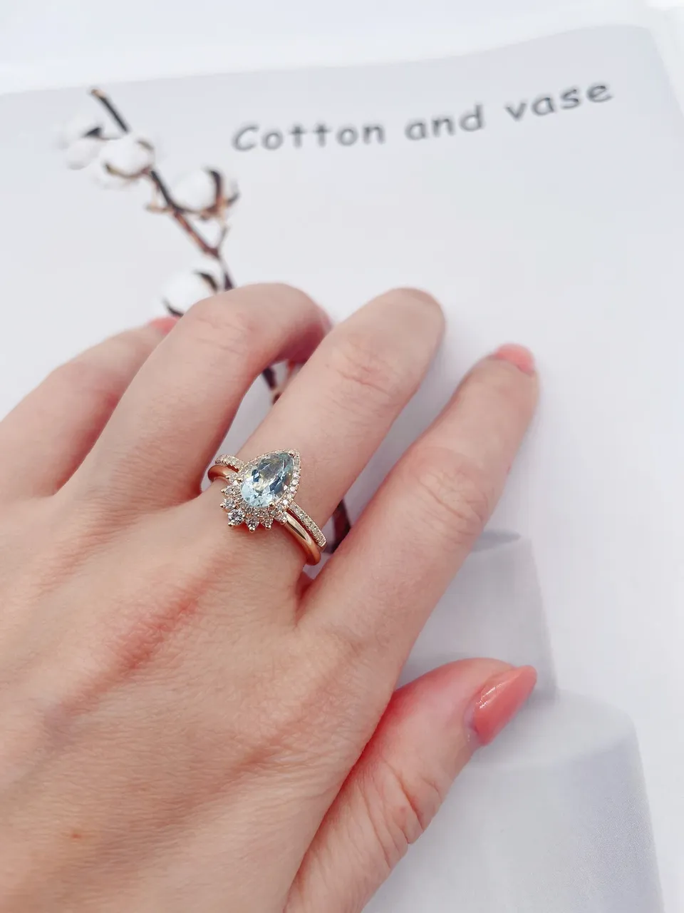 Pear Halo Aquamarine & Diamond Engagement Ring Set 14K Rose Gold 0.33ct Diamond  Frame