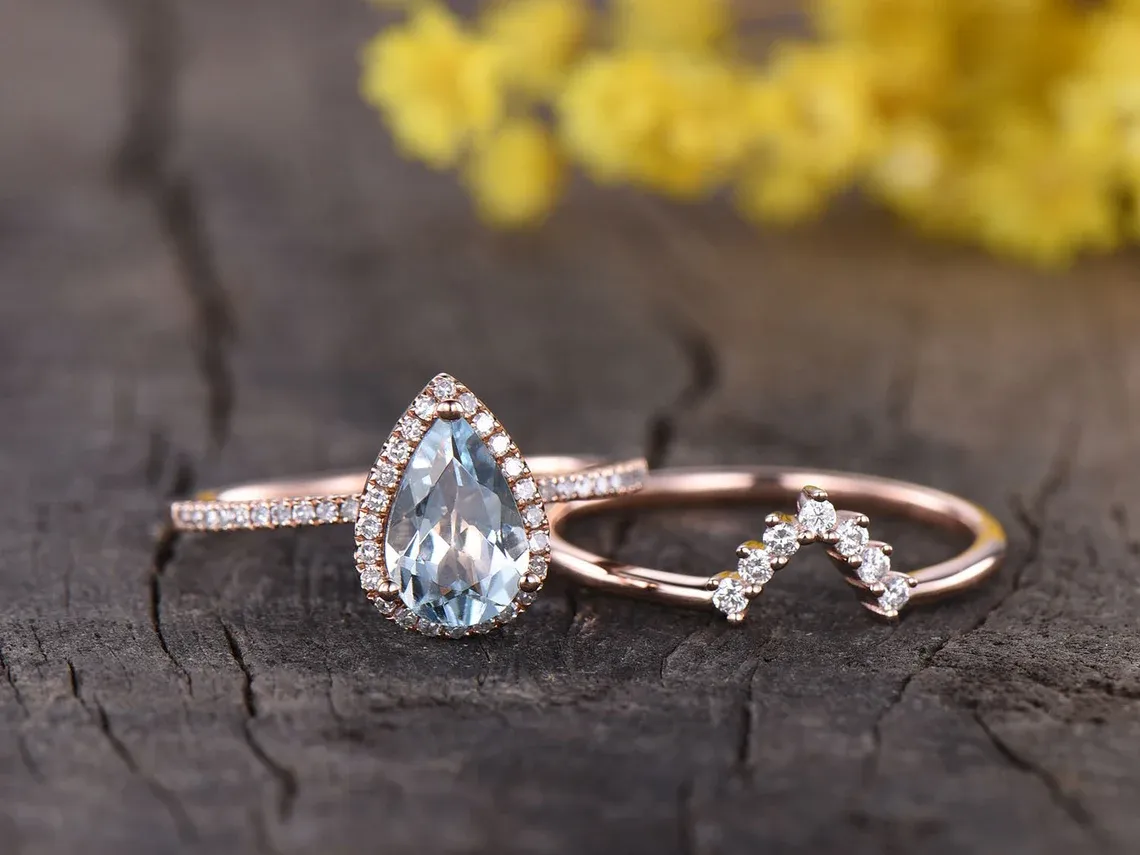 Pear Halo Aquamarine & Diamond Engagement Ring Set 14K Rose Gold 0.33ct Diamond  Frame