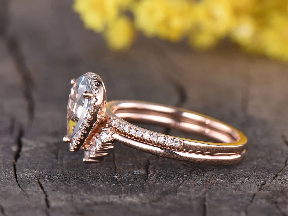 Pear Halo Aquamarine & Diamond Engagement Ring Set 14K Rose Gold 0.33ct Diamond  Frame
