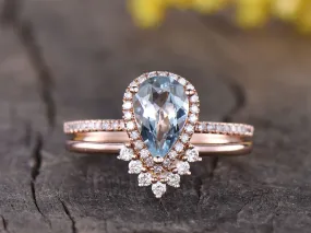 Pear Halo Aquamarine & Diamond Engagement Ring Set 14K Rose Gold 0.33ct Diamond  Frame