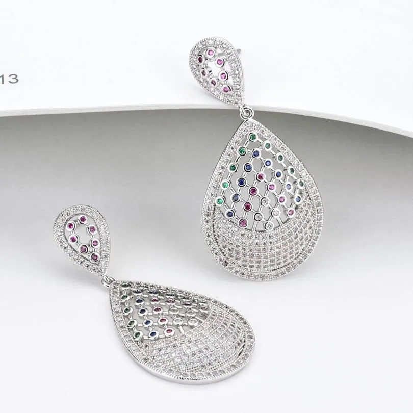 Platinum plated earrings with small white and colored round zirconia