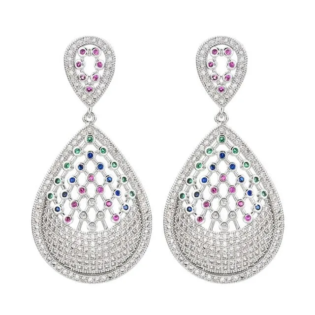 Platinum plated earrings with small white and colored round zirconia