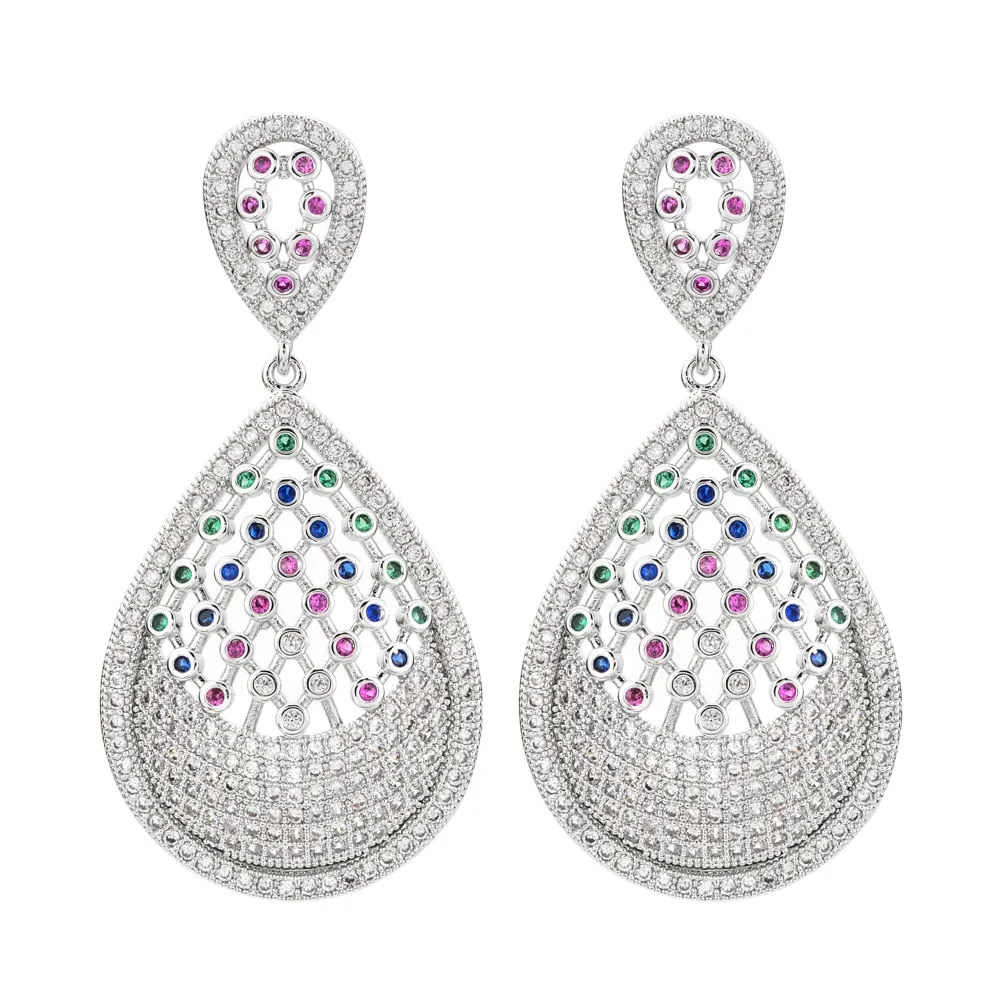Platinum plated earrings with small white and colored round zirconia