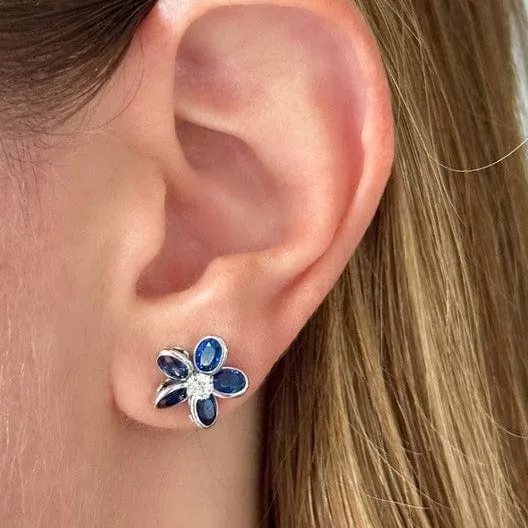 Platinum Sapphire and Diamond Flower Stud Earrings