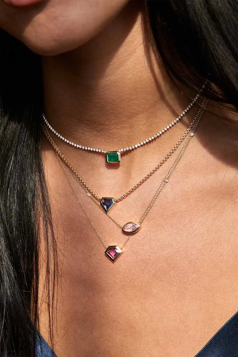 Prong Diamond Emerald Pendant Tennis Necklace