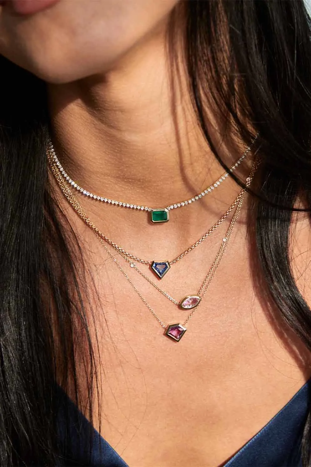 Prong Diamond Emerald Pendant Tennis Necklace
