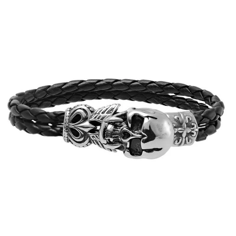 Punk Rock Men's Bracelet Stainless Steel skeleton Skull Biker Bracelet Bangle Black Leather Bracelet Braided Rope Double Layers