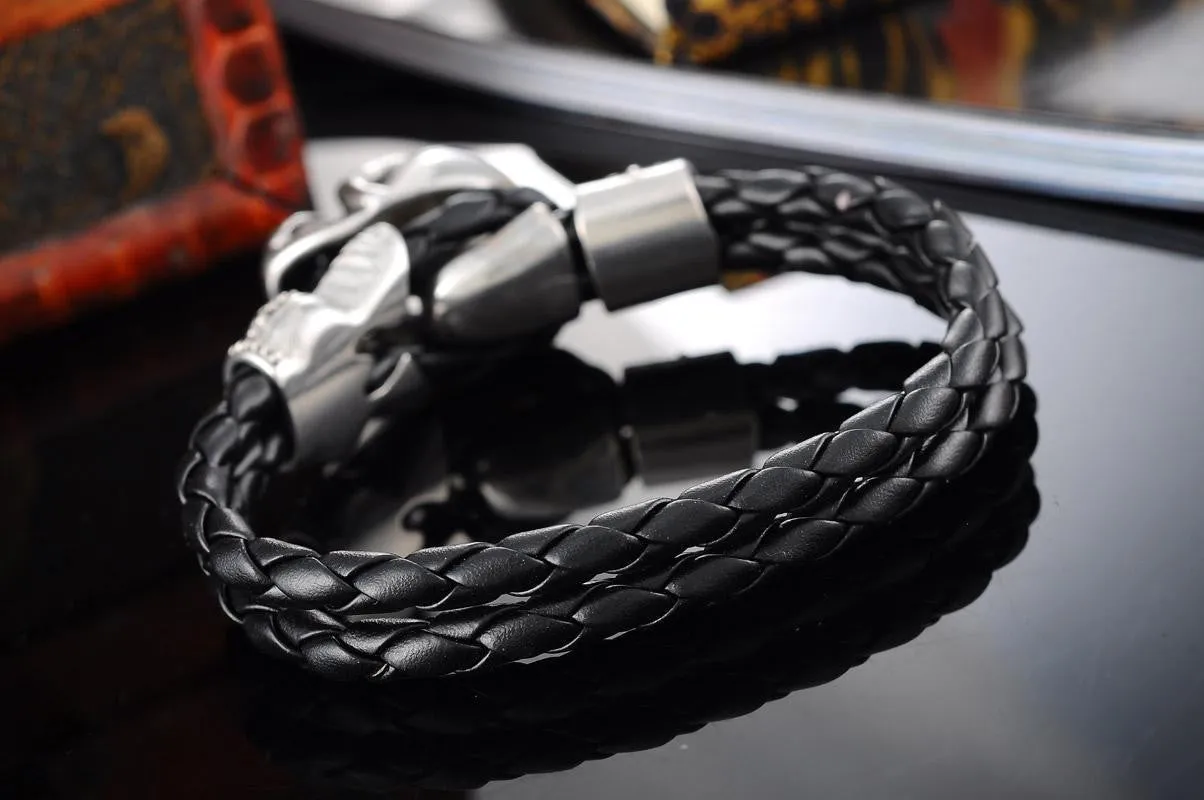 Punk Rock Men's Bracelet Stainless Steel skeleton Skull Biker Bracelet Bangle Black Leather Bracelet Braided Rope Double Layers