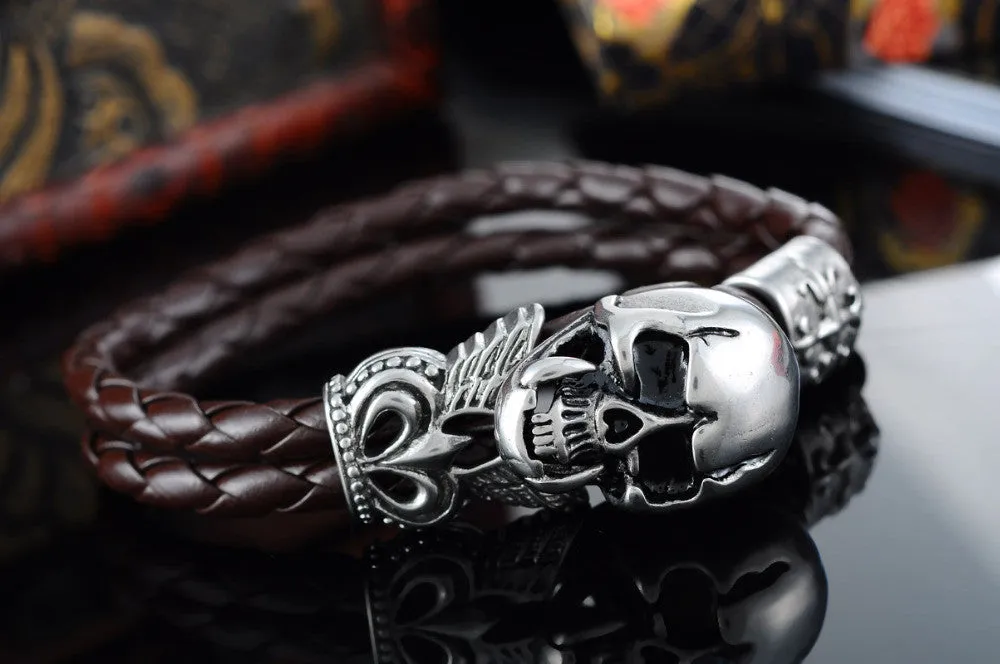 Punk Rock Men's Bracelet Stainless Steel skeleton Skull Biker Bracelet Bangle Black Leather Bracelet Braided Rope Double Layers