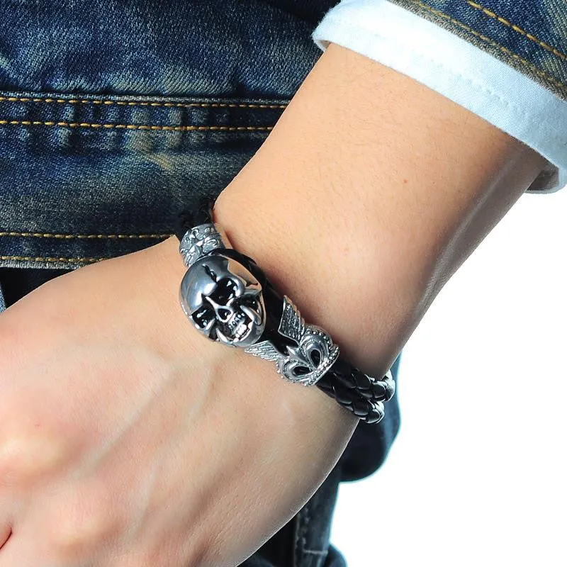 Punk Rock Men's Bracelet Stainless Steel skeleton Skull Biker Bracelet Bangle Black Leather Bracelet Braided Rope Double Layers