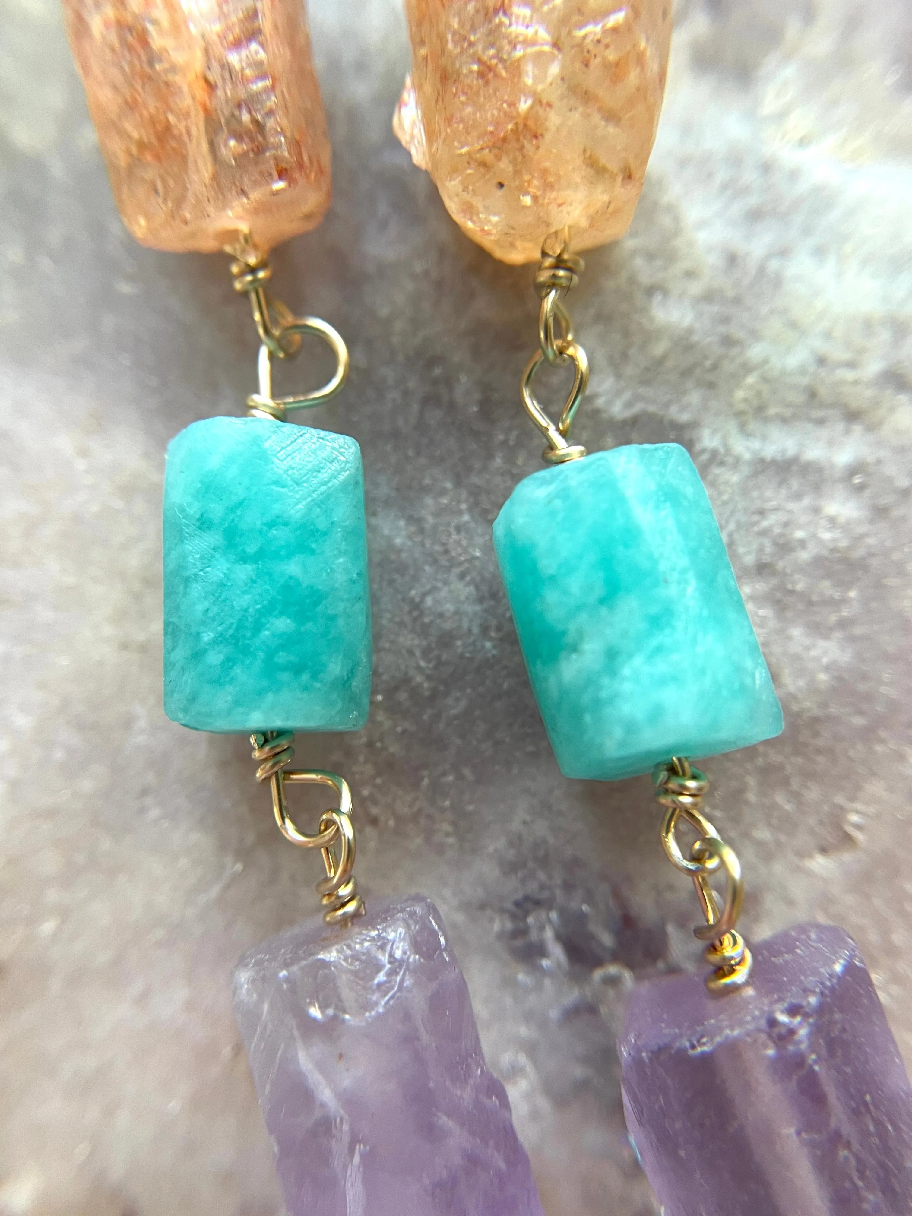Raw Crystal Earrings - Long Summer Dangle Earrings - sunstone - amethyst - Amazonite
