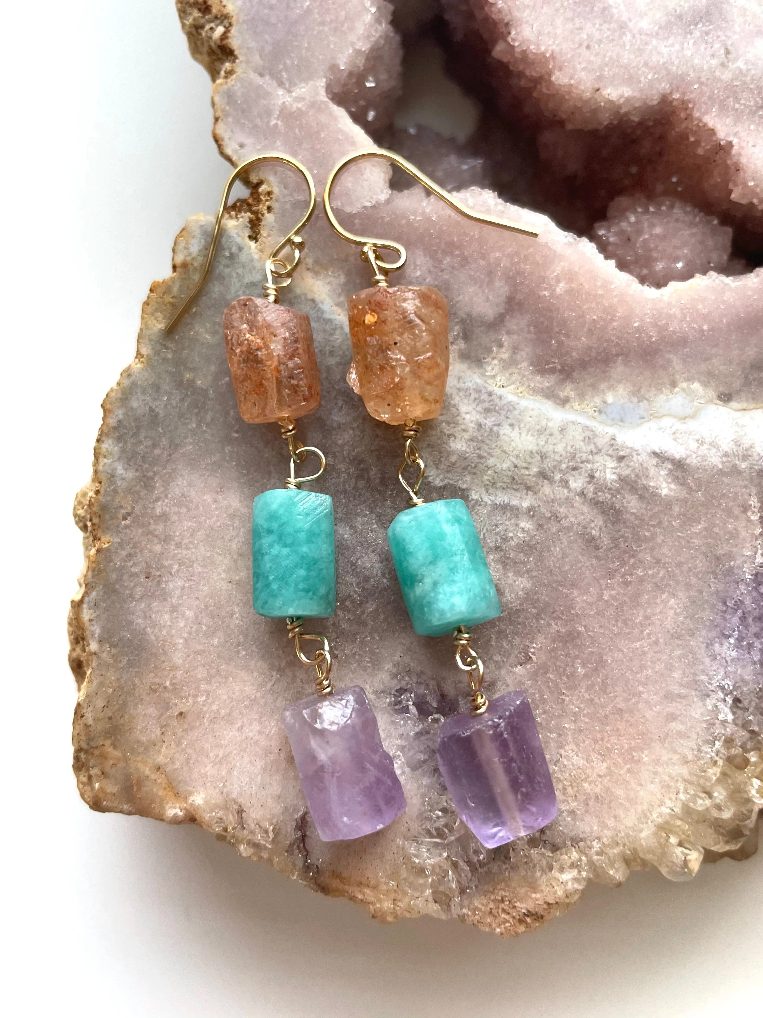 Raw Crystal Earrings - Long Summer Dangle Earrings - sunstone - amethyst - Amazonite