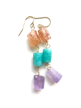 Raw Crystal Earrings - Long Summer Dangle Earrings - sunstone - amethyst - Amazonite