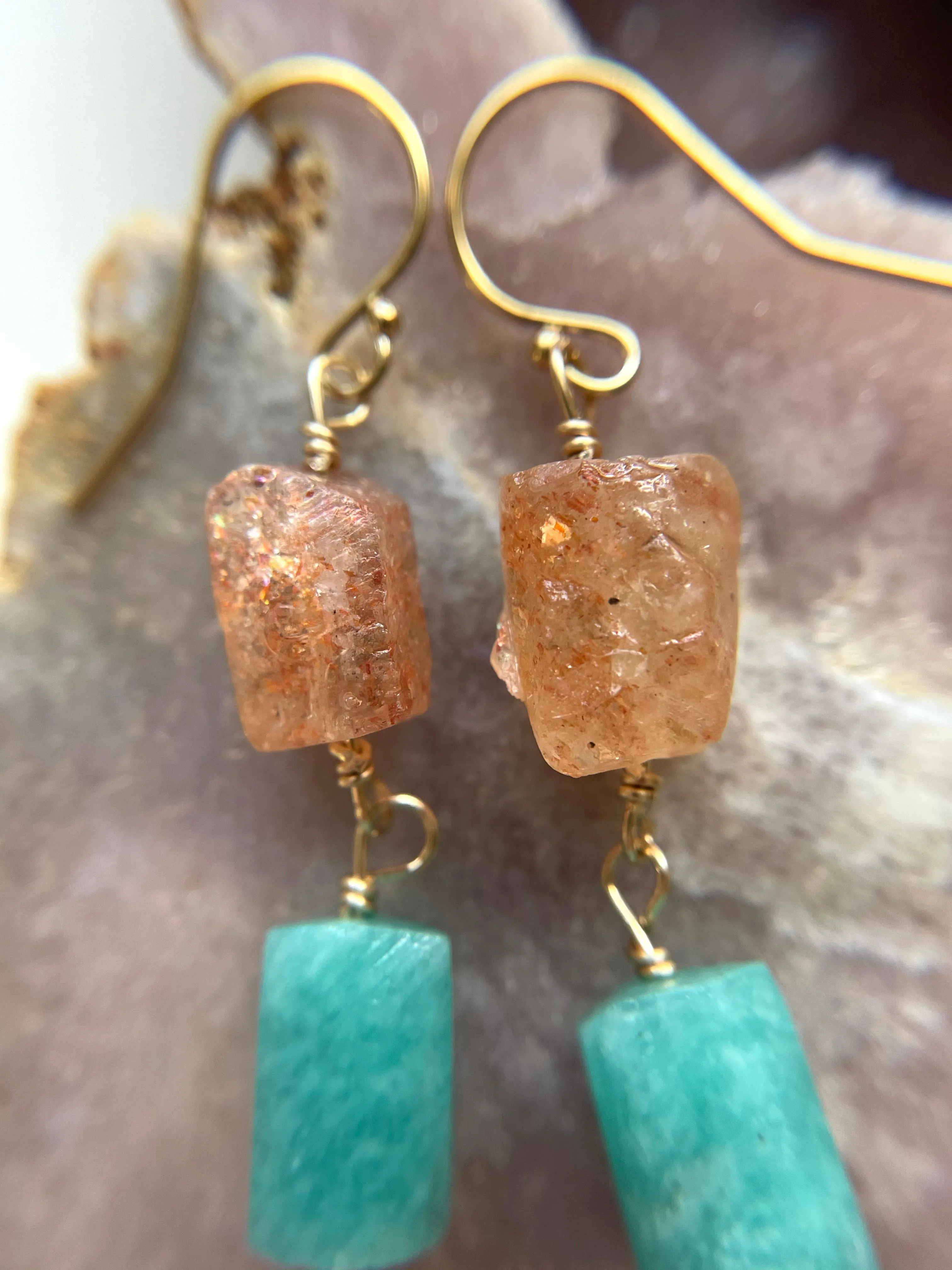 Raw Crystal Earrings - Long Summer Dangle Earrings - sunstone - amethyst - Amazonite