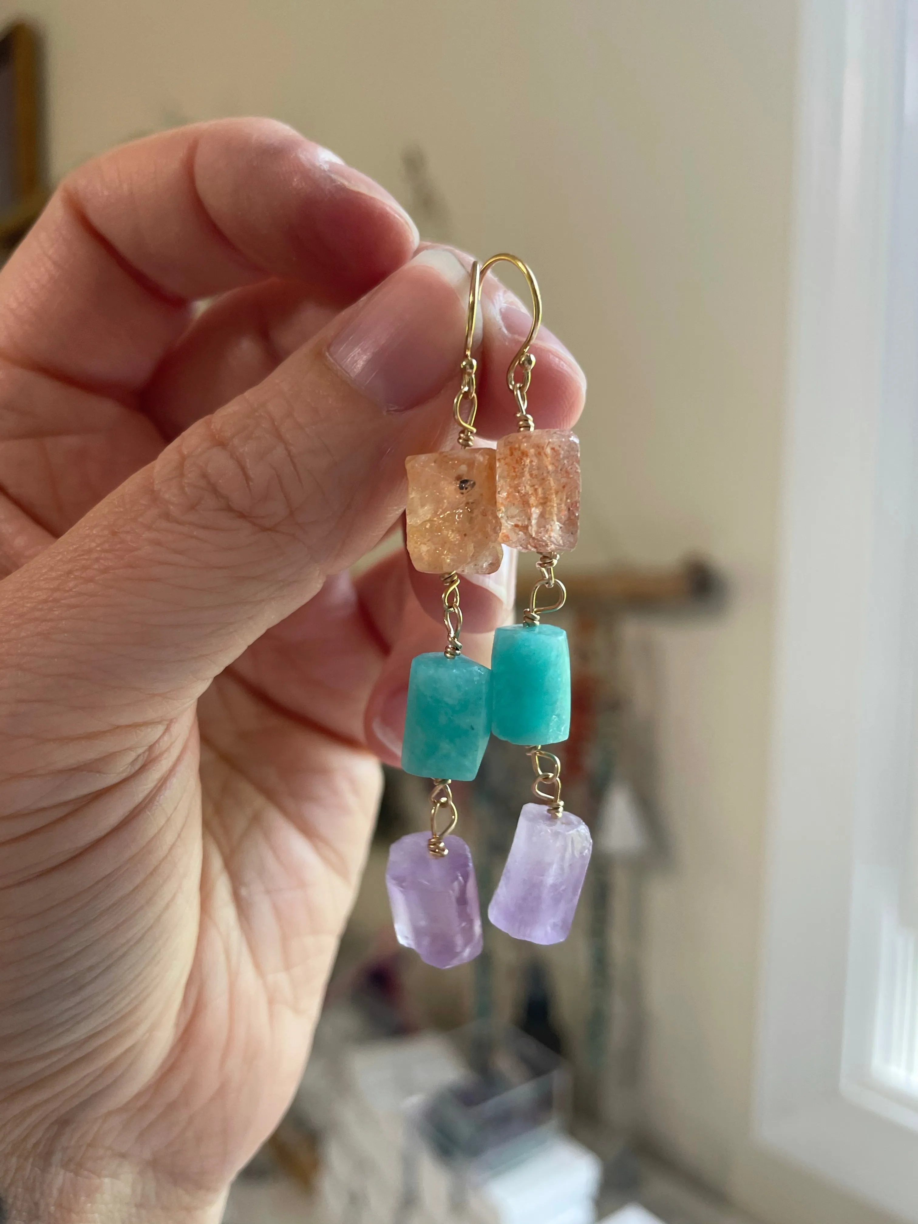 Raw Crystal Earrings - Long Summer Dangle Earrings - sunstone - amethyst - Amazonite