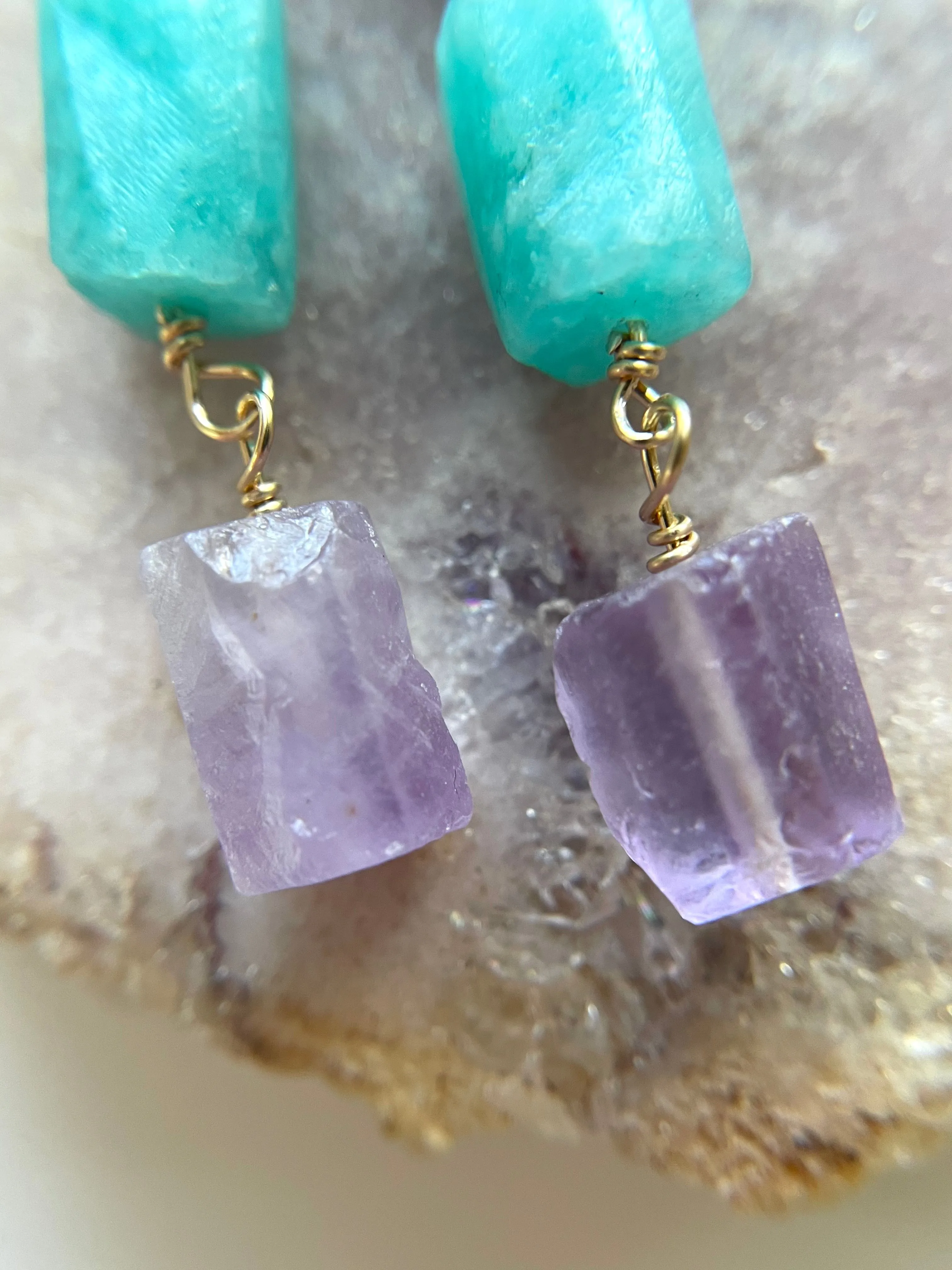 Raw Crystal Earrings - Long Summer Dangle Earrings - sunstone - amethyst - Amazonite