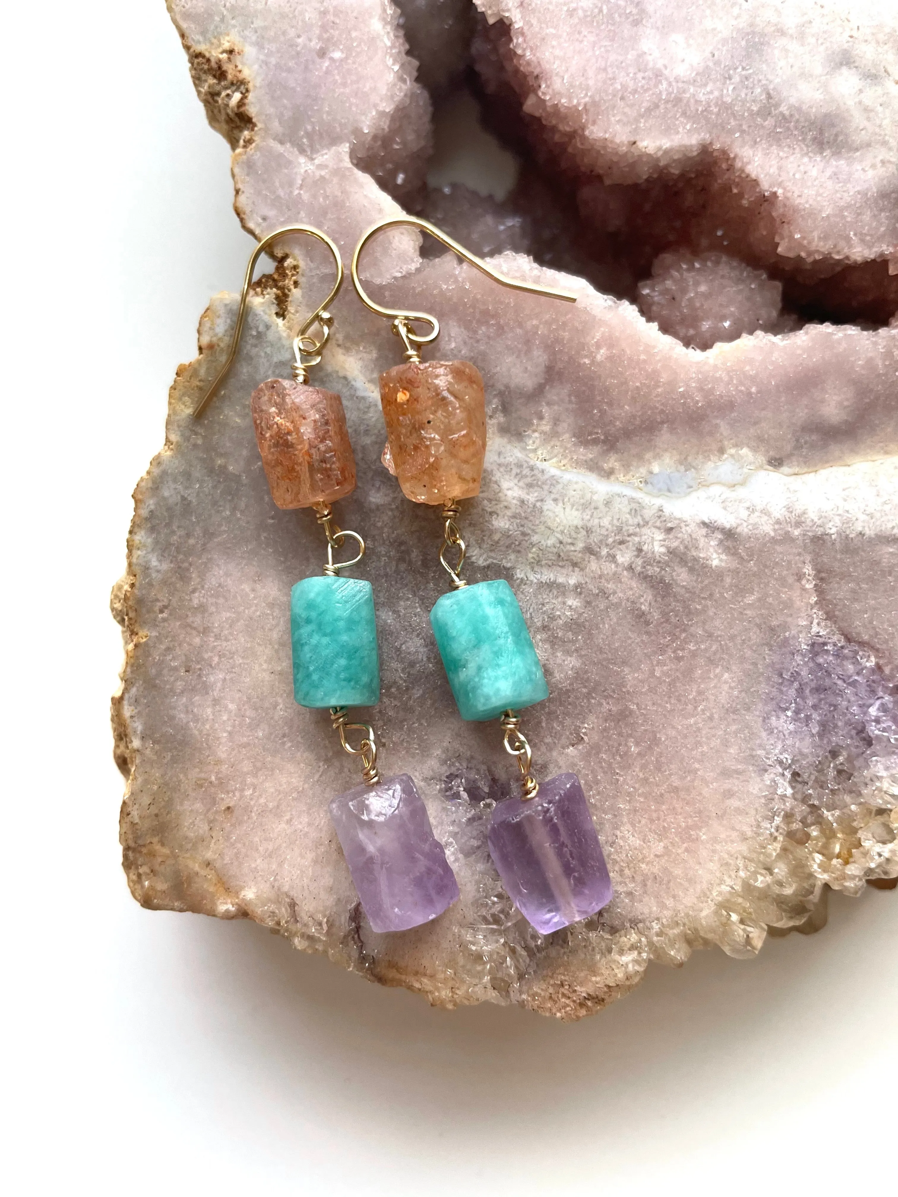 Raw Crystal Earrings - Long Summer Dangle Earrings - sunstone - amethyst - Amazonite