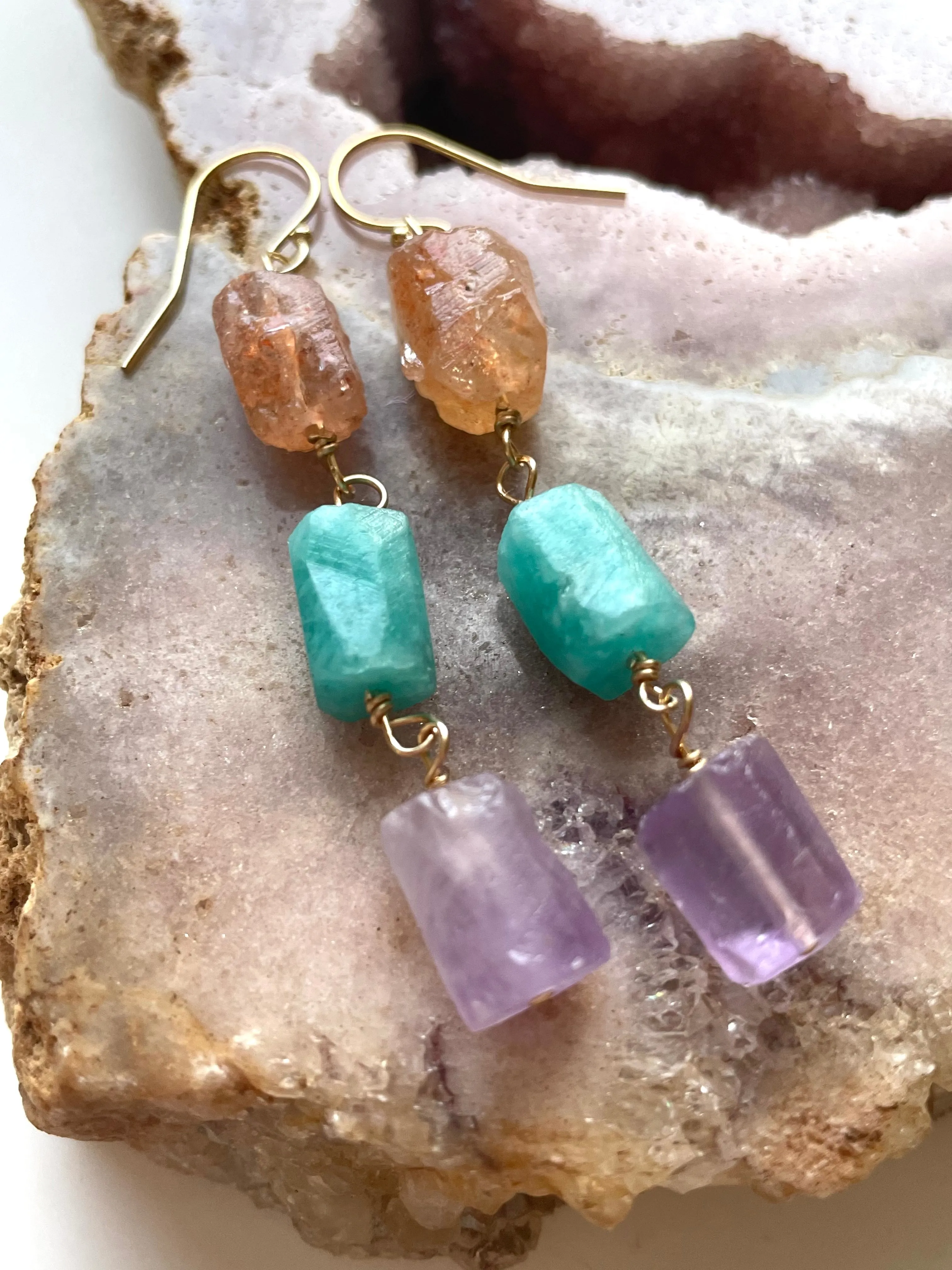 Raw Crystal Earrings - Long Summer Dangle Earrings - sunstone - amethyst - Amazonite
