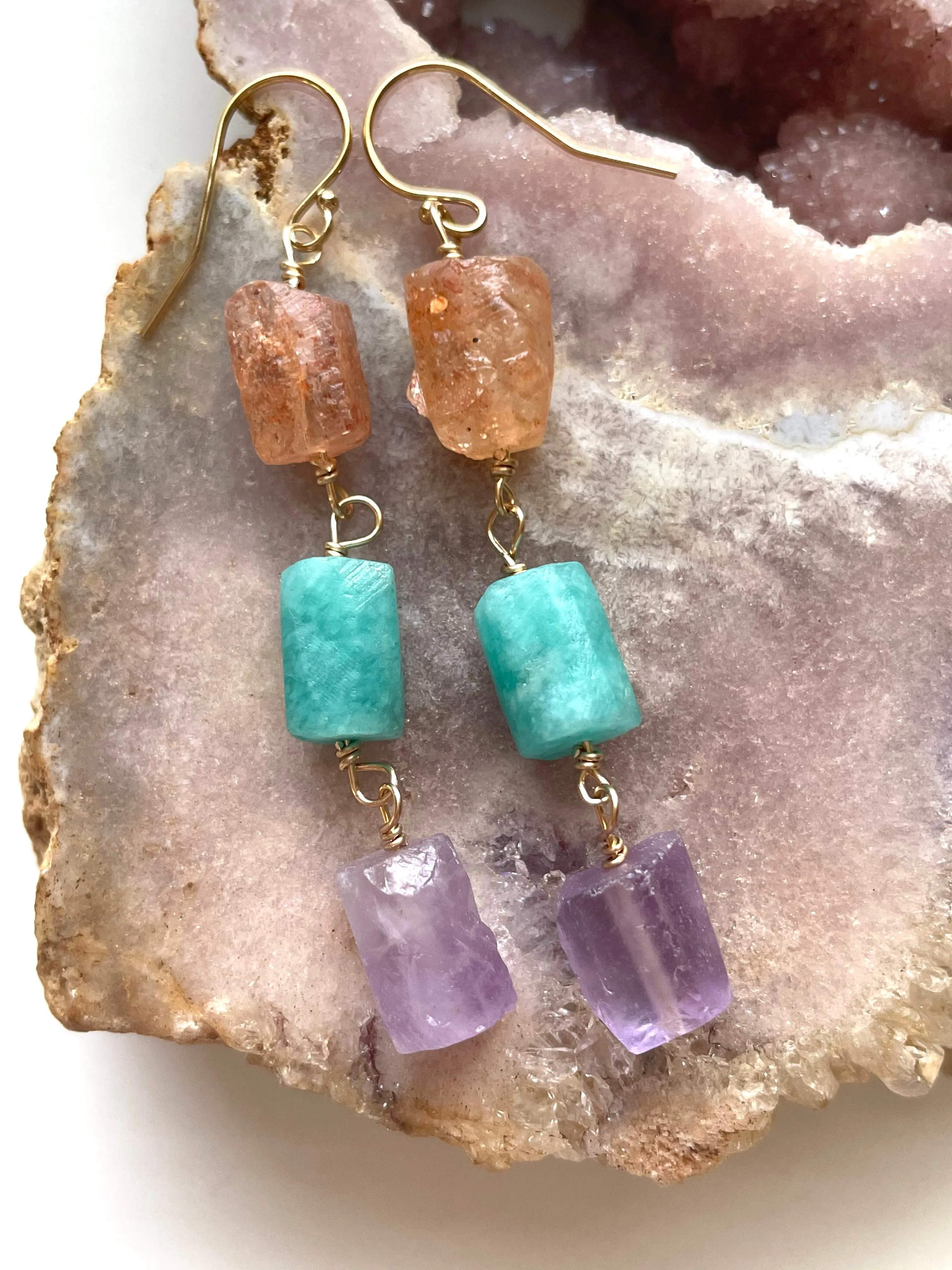 Raw Crystal Earrings - Long Summer Dangle Earrings - sunstone - amethyst - Amazonite