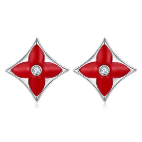 Red Clover Rhombus Enamel Silver Stud Earrings
