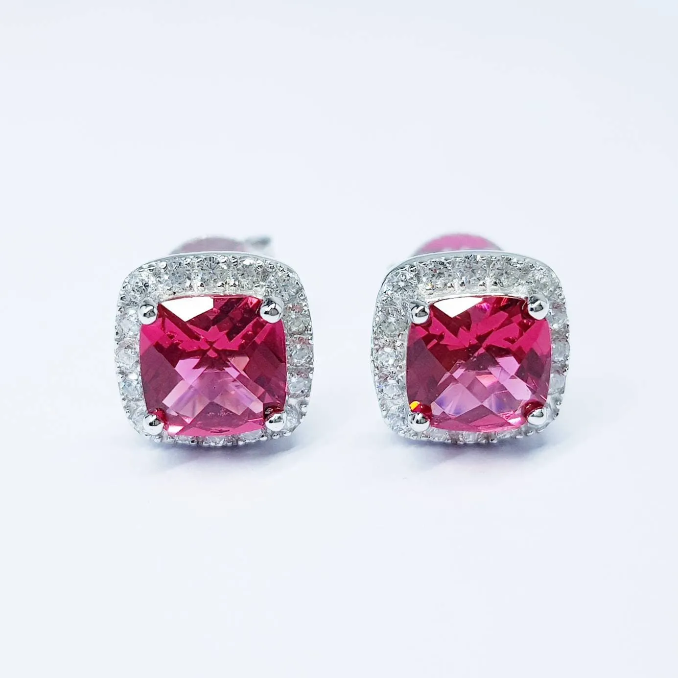 Red earrings, Ruby stud earrings, square earrings, diamond halo earrings, cushion cut earrings, bridesmaid earrings, July stone