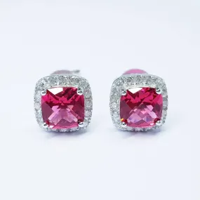 Red earrings, Ruby stud earrings, square earrings, diamond halo earrings, cushion cut earrings, bridesmaid earrings, July stone