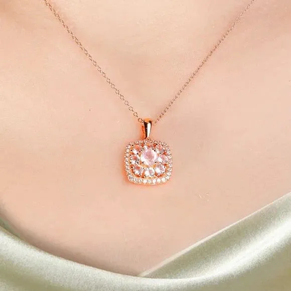 Round-cut Morganite Halo Rose Gold Necklace