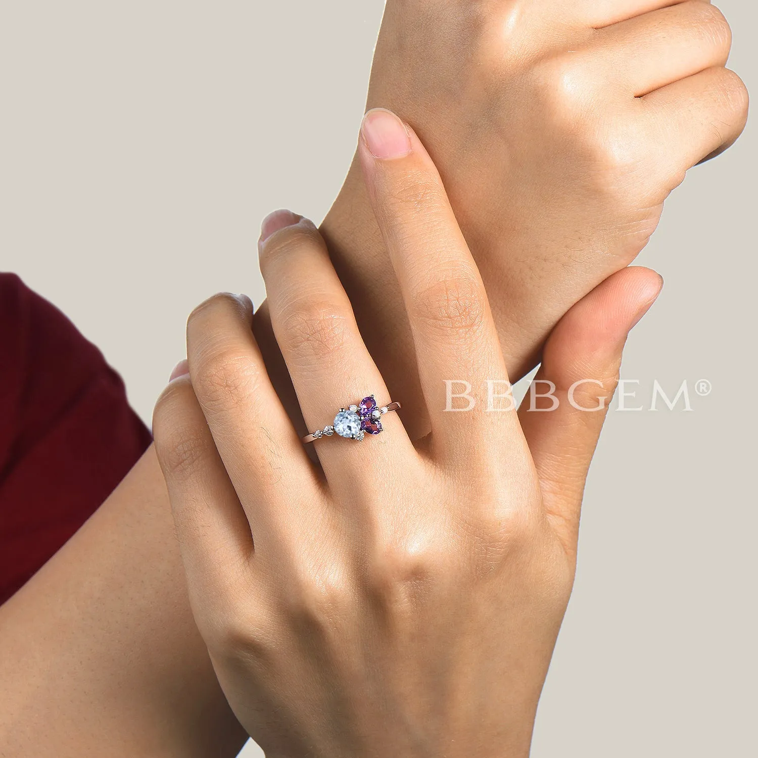 Round Natural Aquamarine Engagement Ring Cluster Amethyst Opal Ring Multi-Stone Ring