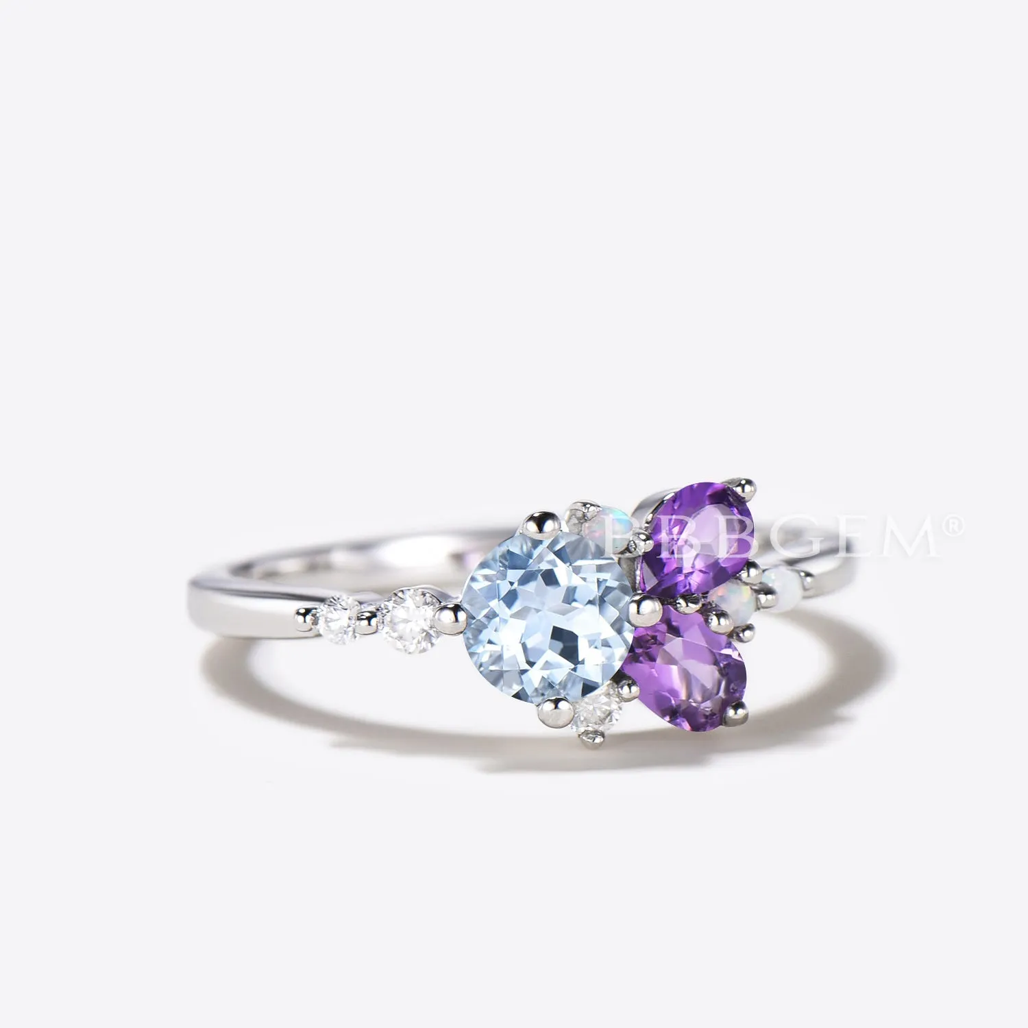 Round Natural Aquamarine Engagement Ring Cluster Amethyst Opal Ring Multi-Stone Ring