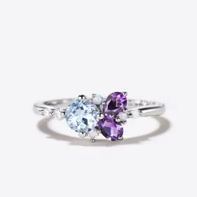 Round Natural Aquamarine Engagement Ring Cluster Amethyst Opal Ring Multi-Stone Ring