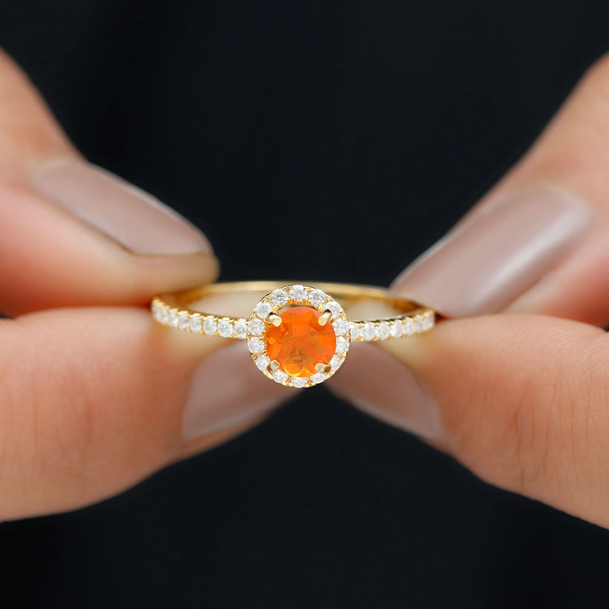 Round Shape Fire Opal Halo Engagement Ring with Diamond