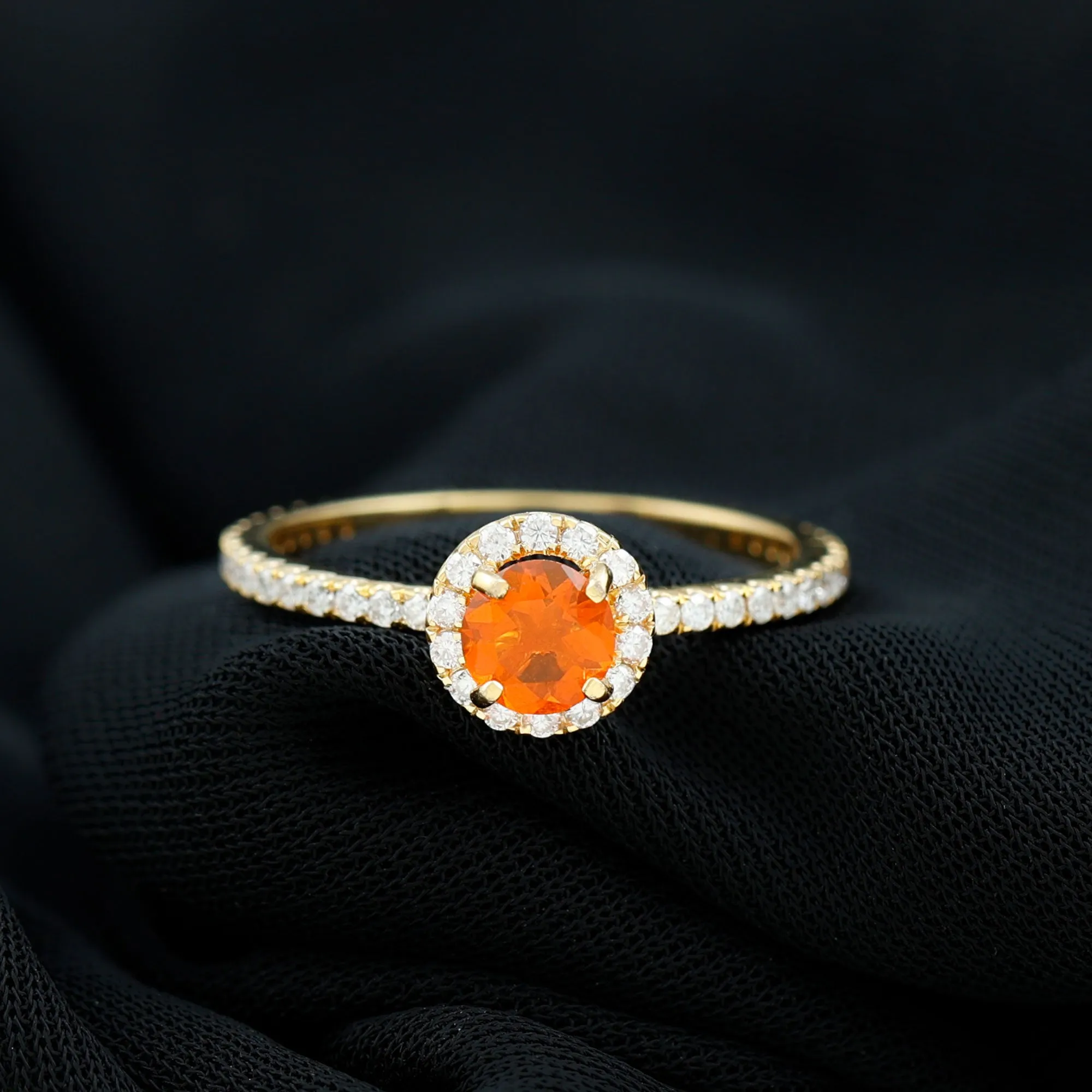 Round Shape Fire Opal Halo Engagement Ring with Diamond