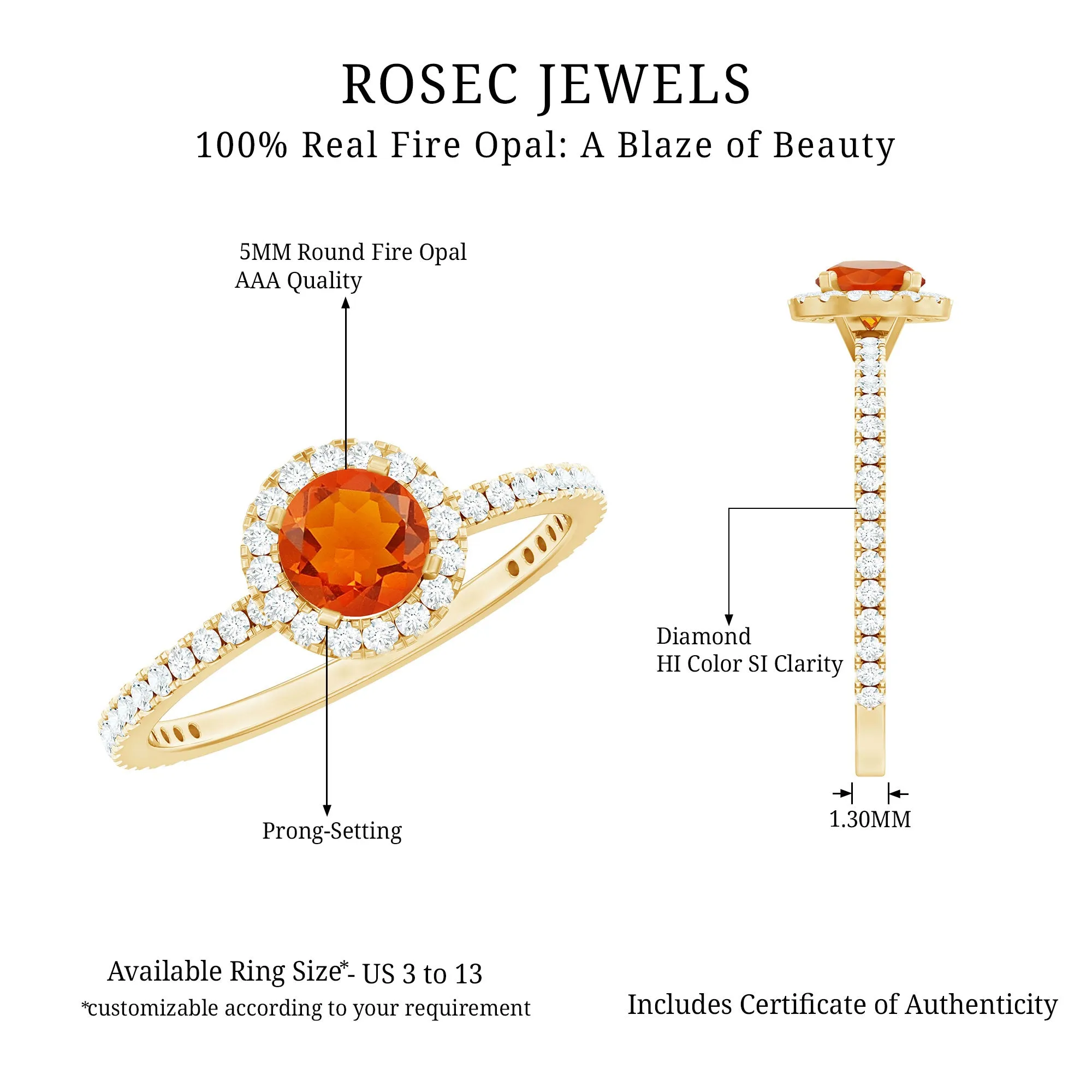 Round Shape Fire Opal Halo Engagement Ring with Diamond