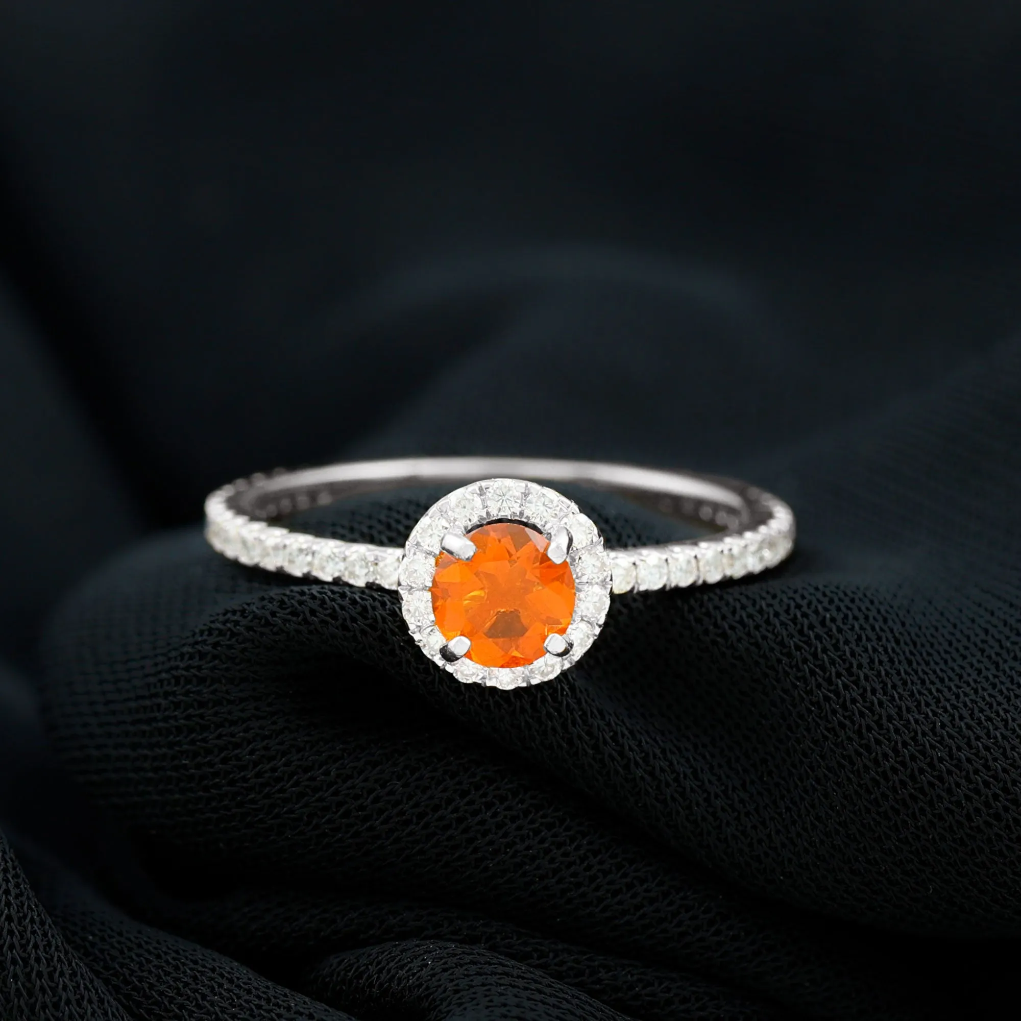 Round Shape Fire Opal Halo Engagement Ring with Diamond