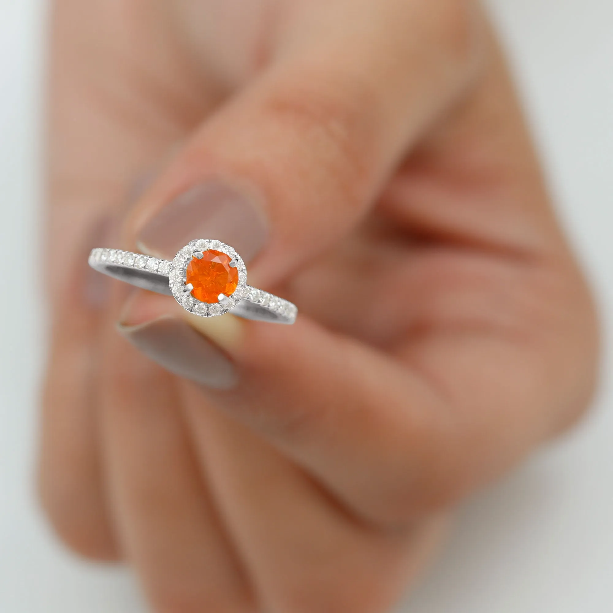 Round Shape Fire Opal Halo Engagement Ring with Diamond