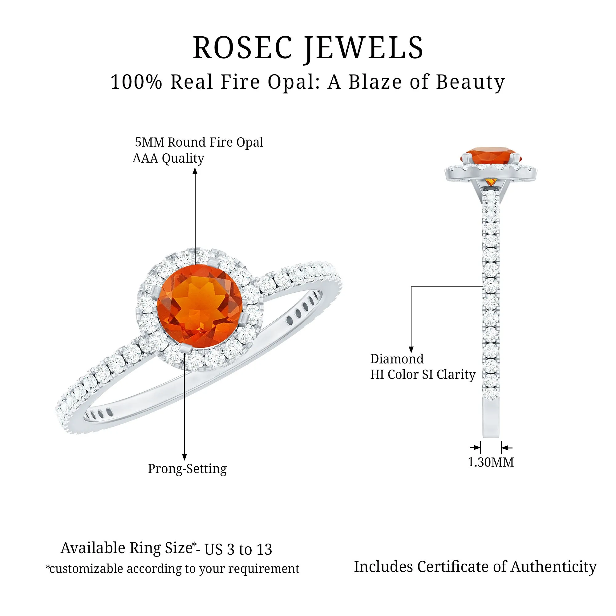 Round Shape Fire Opal Halo Engagement Ring with Diamond