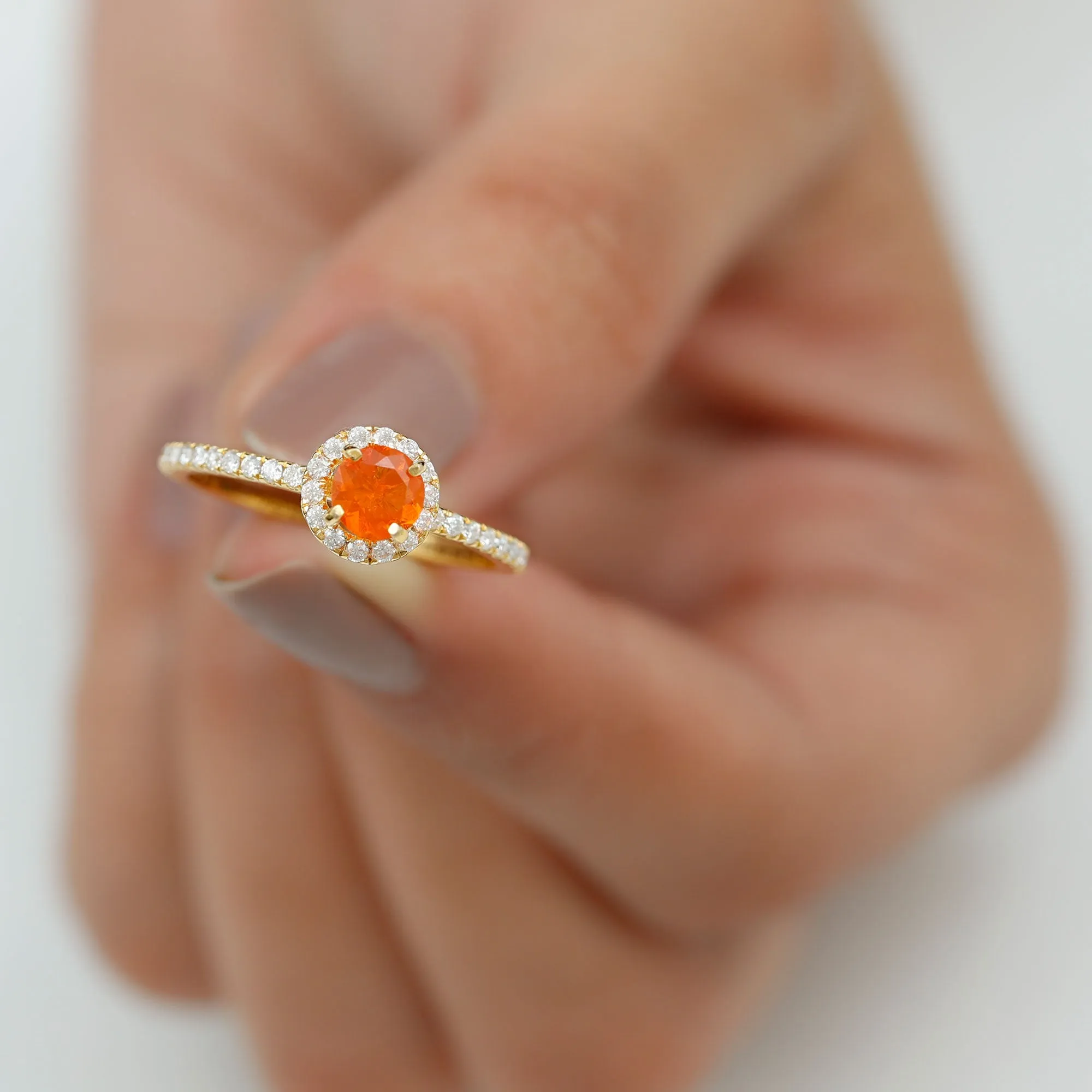 Round Shape Fire Opal Halo Engagement Ring with Diamond