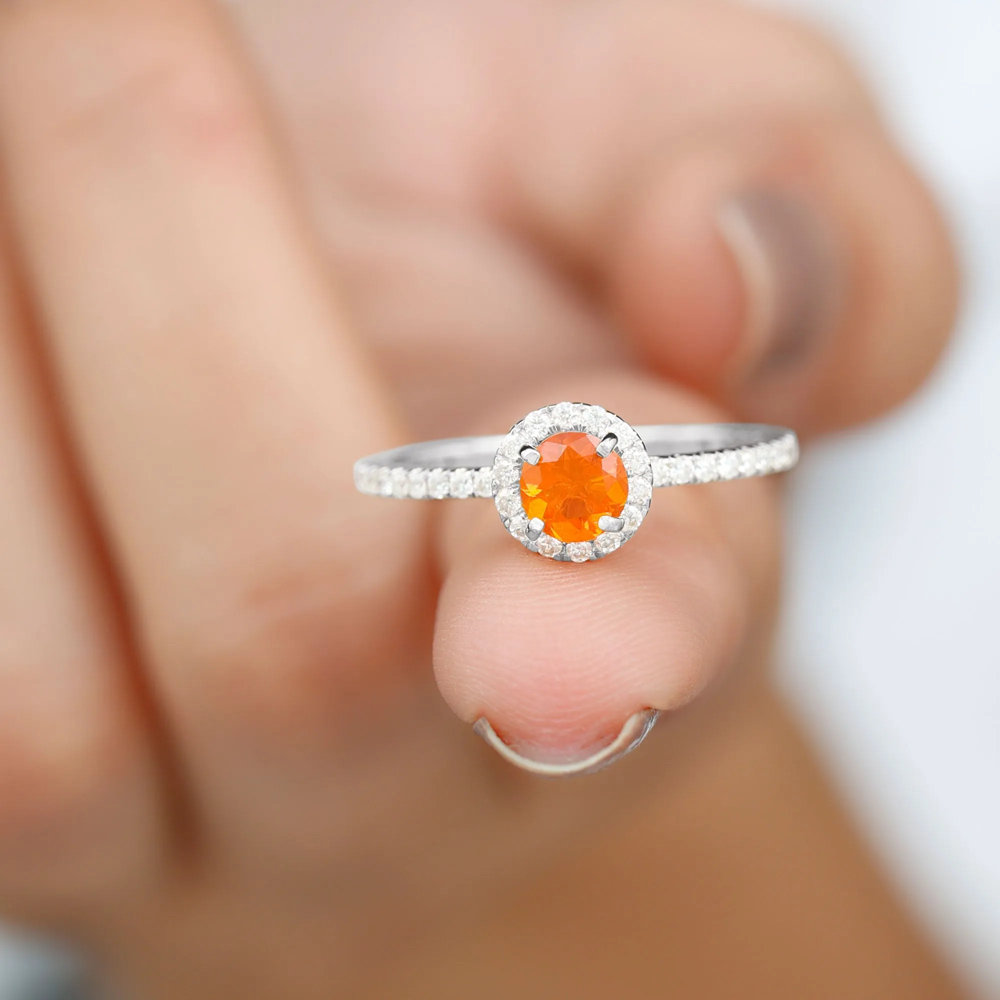 Round Shape Fire Opal Halo Engagement Ring with Diamond