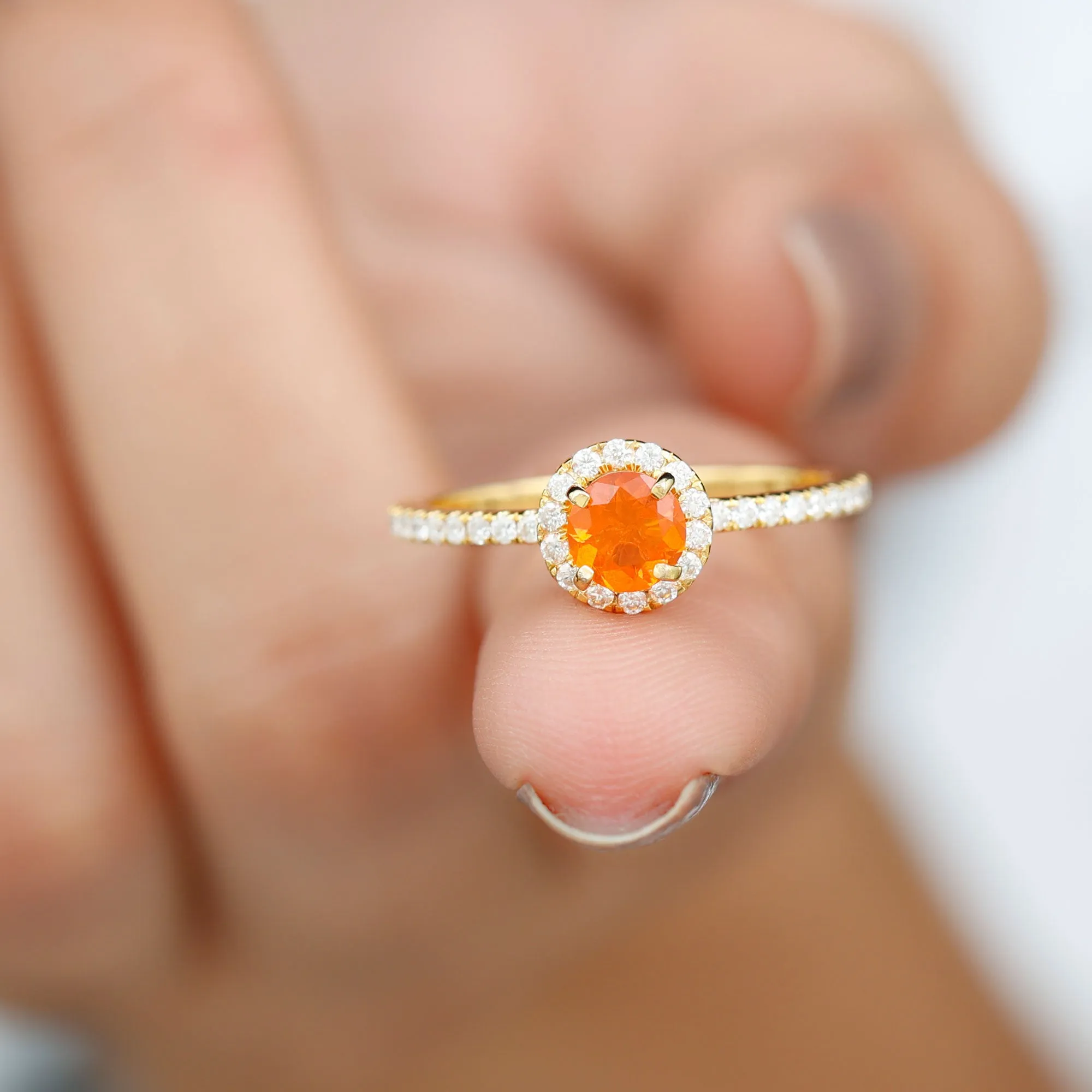 Round Shape Fire Opal Halo Engagement Ring with Diamond