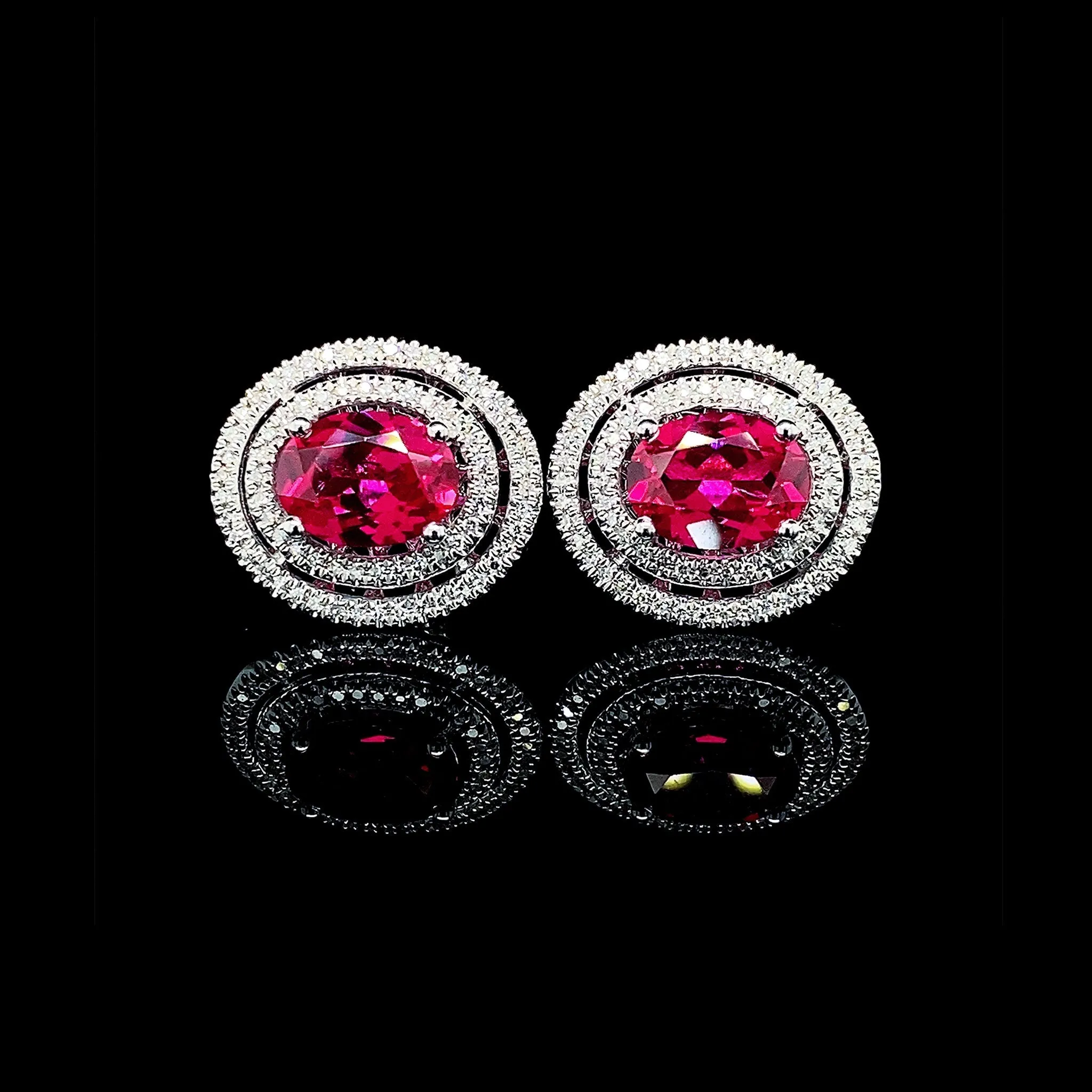 Ruby Oval Halo Gemstones Diamond Earrings 14kt