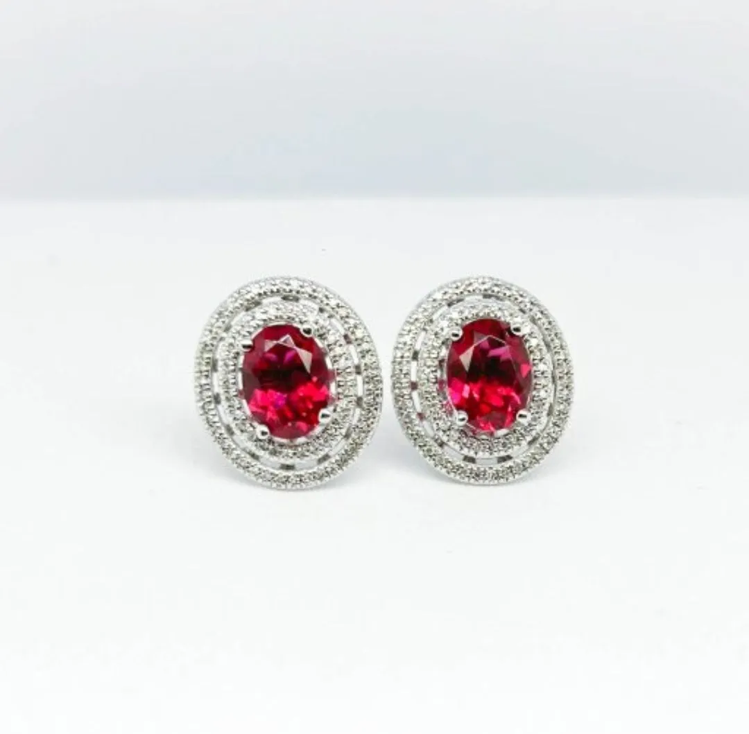 Ruby Oval Halo Gemstones Diamond Earrings 14kt