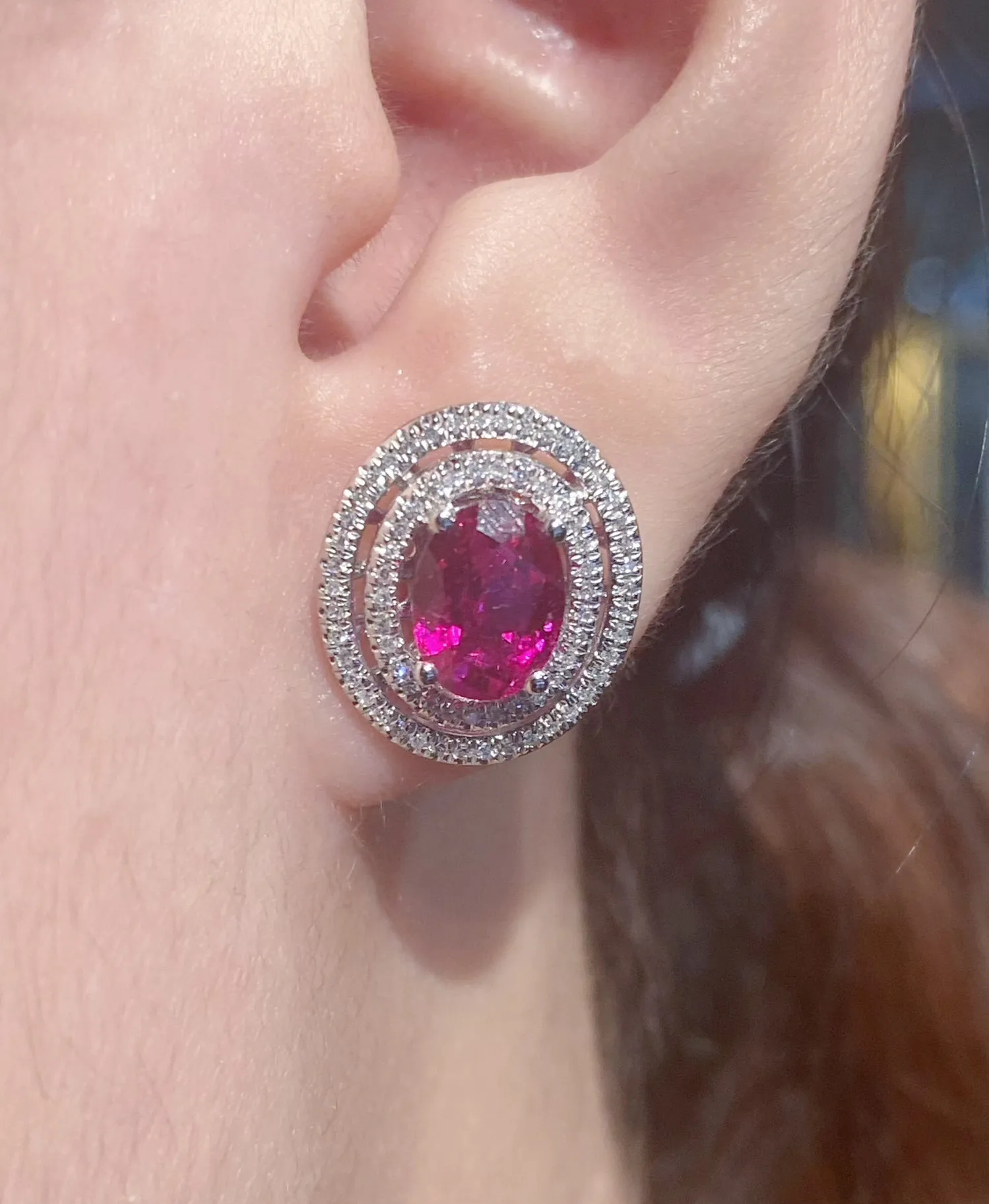 Ruby Oval Halo Gemstones Diamond Earrings 14kt