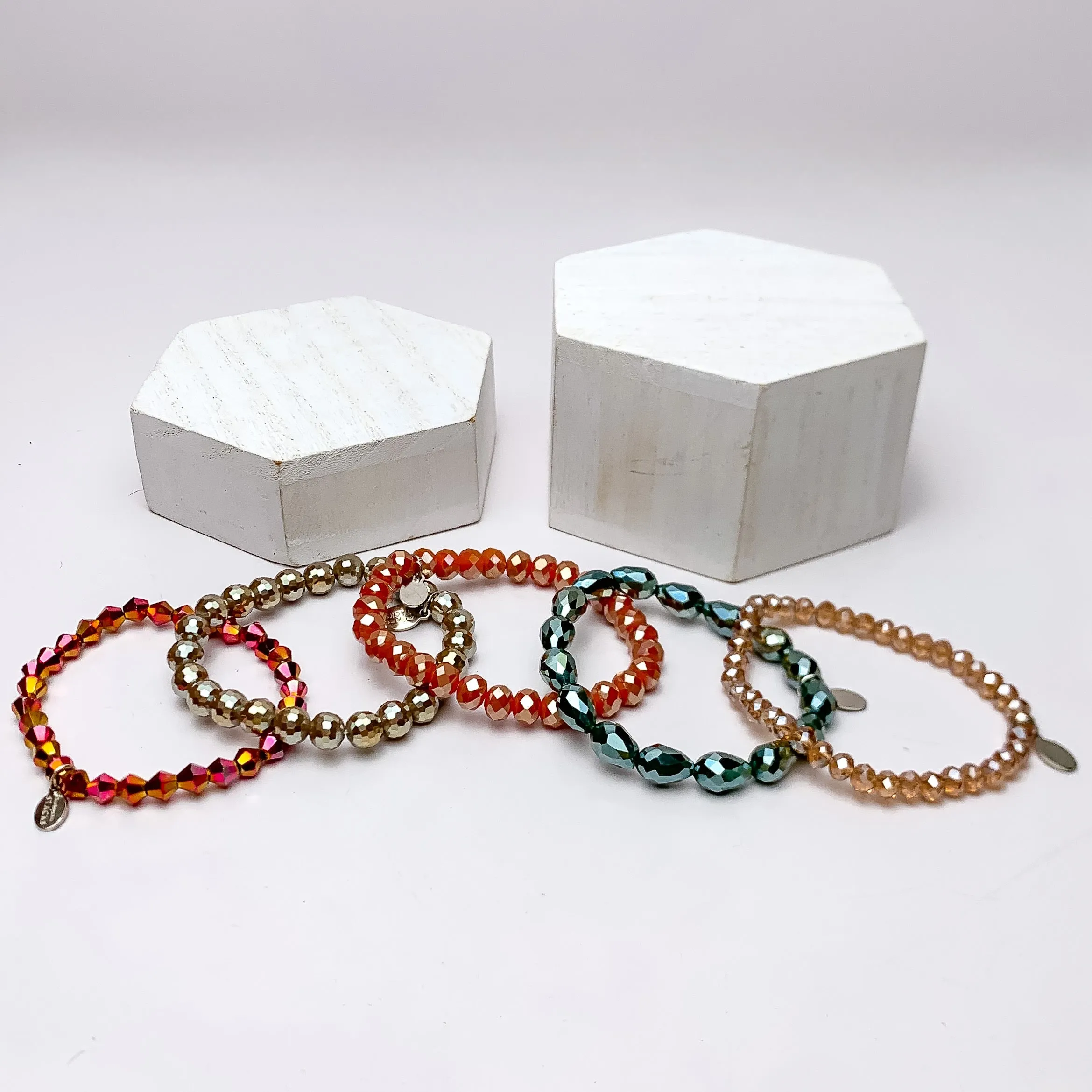 Set of Five | All Nighter Crystal Beaded Bracelet Set in Red and Blue Tones