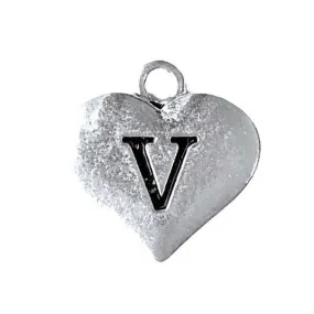 Silver Heart Initial Charm - Letter V