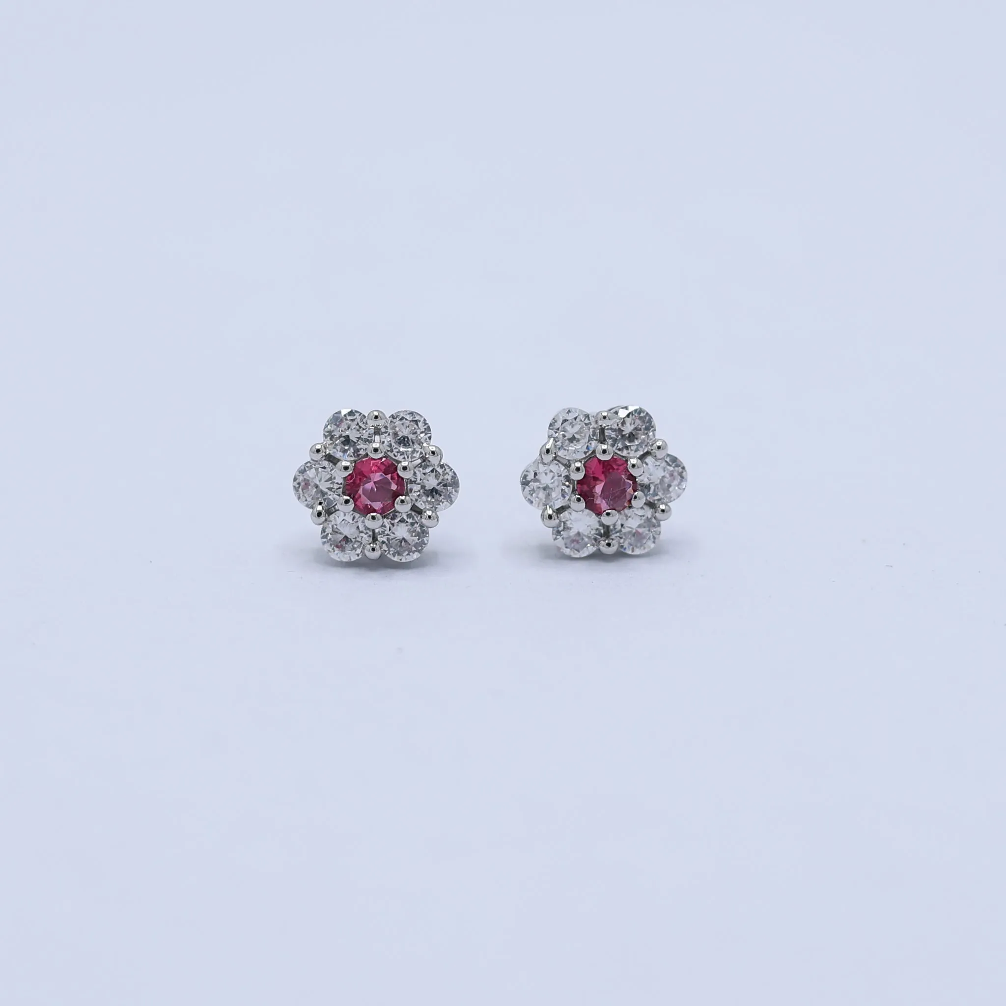 Silver White Gold Radiant Floral Centerpiece Ruby Earring For Women
