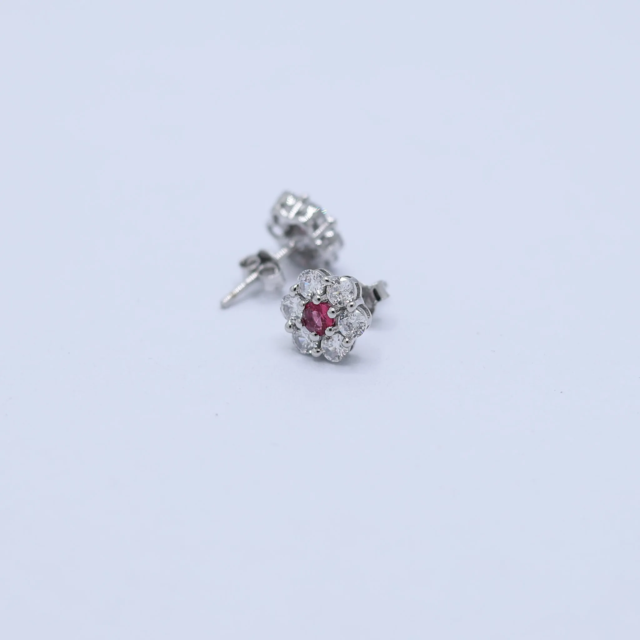 Silver White Gold Radiant Floral Centerpiece Ruby Earring For Women